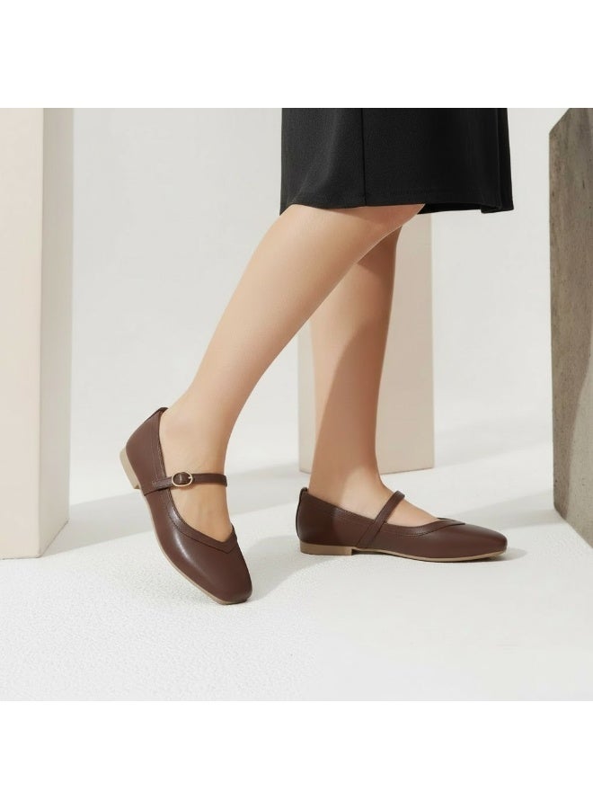 لايف ستيلاش  حذاء بالبيرينا مسطح من الجلد مربع BF-802 - بني - Image 1